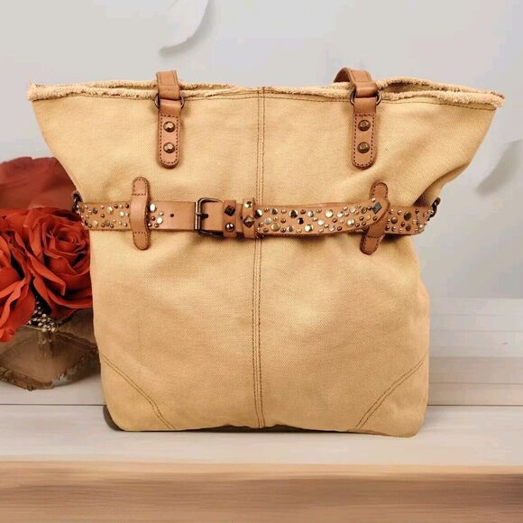 Lucky Brand Canvas Studded Leather Hobo Shoulder Bag Tote Yellow Boho Western - Picture 1 of 16
